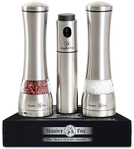 Premium Salt and Pepper Grinder Set of 3 - Oil Dispenser + Stainless Steel Salt Grinder and Pepper Mill– Salt and Pepper Shakers with Ceramic Rotor - Box by HOME EC