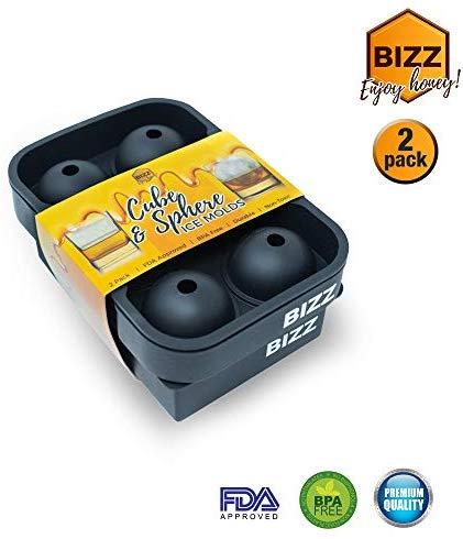 Bizz Silicone Ice Molds (2-Tray Set) Sphere and Cube Combination, Flexible, Reusable, BPA Free, Easy to Freeze, Remove Contents, Whiskey, Bourbon, Cocktail or Drink Use