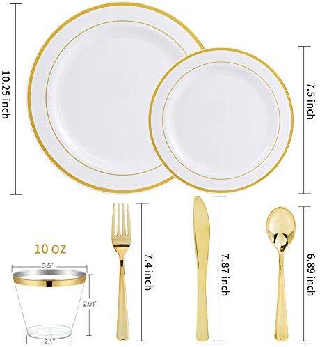 IOOOOO Gold Plates & Plastic Silverware & Gold Cups, Disposable Dinnerware 150 Pieces Includes: 25 Dinner Plates, 25 Dessert Plates, 25 Tumblers, 25 Forks, 25 Knives, 25 Spoons