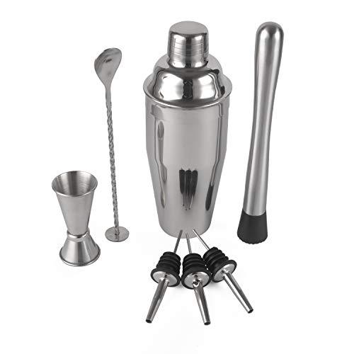 24 Ounce Cocktail Shaker Bar Set with Accessories - Martini Kit with Measuring Jigger and Mixing Spoon plus Drink Recipes Booklet - Professional Stainless Steel Bar Tools - Built-in Bartender Strainer