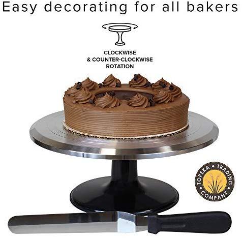 Topeka Trading Company Rotating Cake Decorating Turntable With Bonus Icing Spatula | 12" Diameter Aluminum Alloy Stand With Platform | Non-Slip Base & Smooth Rotation (Silver/Black)