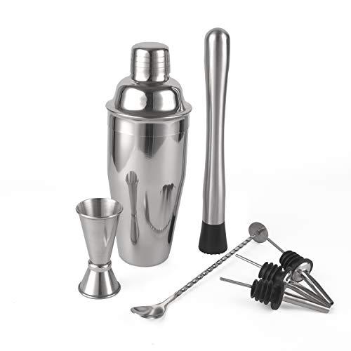 24 Ounce Cocktail Shaker Bar Set with Accessories - Martini Kit with Measuring Jigger and Mixing Spoon plus Drink Recipes Booklet - Professional Stainless Steel Bar Tools - Built-in Bartender Strainer