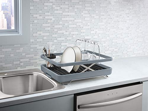 KOHLER Large Collapsible & Storable Dish Drying Rack with Wine Glass Holder and Collapsible Utensil Band. Even Made to Hold Pots and Pans, Charcoal