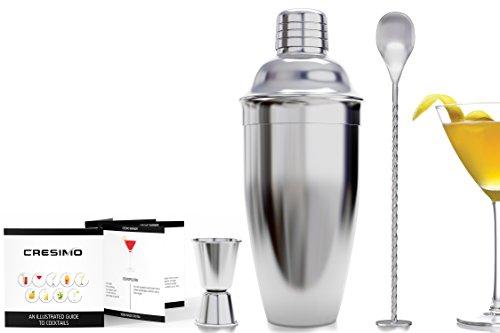 24 Ounce Cocktail Shaker Bar Set with Accessories - Martini Kit with Measuring Jigger and Mixing Spoon plus Drink Recipes Booklet - Professional Stainless Steel Bar Tools - Built-in Bartender Strainer