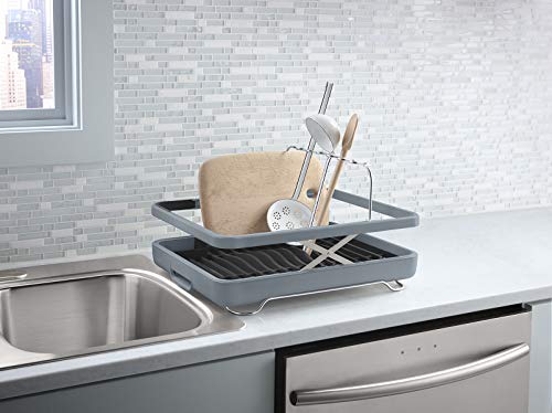 KOHLER Large Collapsible & Storable Dish Drying Rack with Wine Glass Holder and Collapsible Utensil Band. Even Made to Hold Pots and Pans, Charcoal