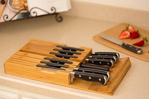 In-Drawer Bamboo Knife Block Holds 16 Knives (Not Included) Without Pointing Up PLUS a Slot for your Knife Sharpener! Noble Home & Chef Knife Organizer Made from Quality Moso Bamboo