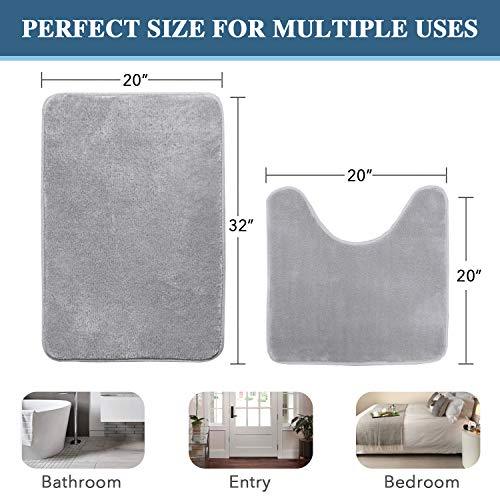 H.VERSAILTEX 2 Pack Non Slip Memory Foam Bathroom Rugs Non Slip Bath Mats Super Absorbent Extra Cozy, Foot Massage Flannel Bathroom Rugs/Carpets Machine-Washable and Fast Dry (Gray, Each 17" x 24")