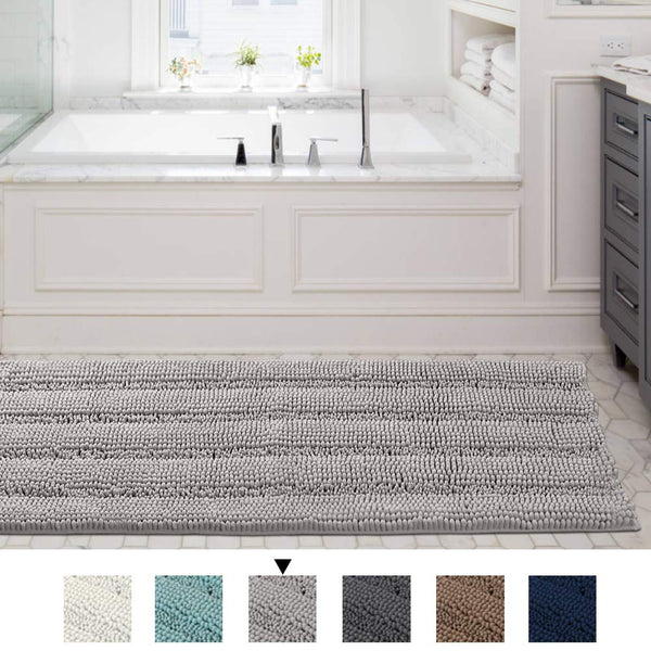 H.VERSAILTEX Bath Rug Runner 47" X 17" Large and Luxury Grey Striped Bath Mat Runner Ultra Soft Thick Non Slip Washable, Plush Shaggy Chenille Bathroom Rug Mat for Indoor Floor/Entry Way