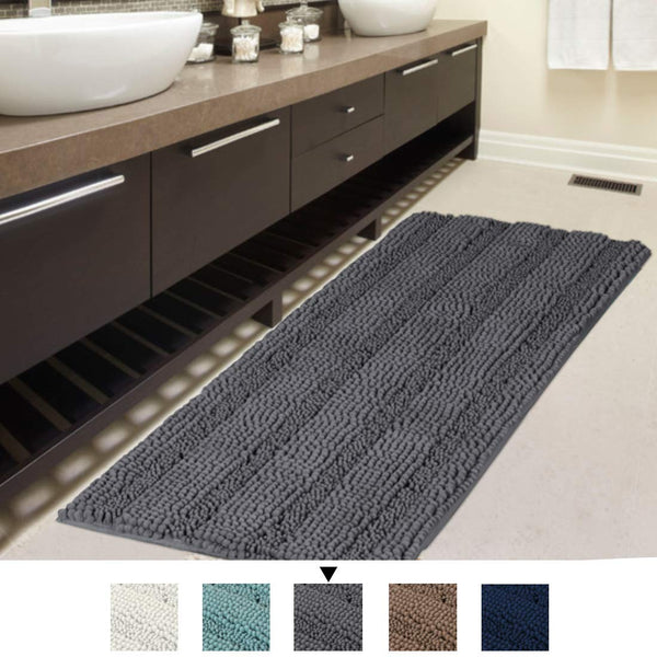 H.VERSAILTEX Bath Rug Runner 47" X 17" Large and Luxury Grey Striped Bath Mat Runner Ultra Soft Thick Non Slip Washable, Plush Shaggy Chenille Bathroom Rug Mat for Indoor Floor/Entry Way