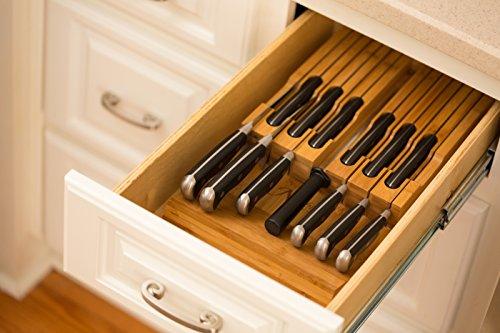 In-Drawer Bamboo Knife Block Holds 16 Knives (Not Included) Without Pointing Up PLUS a Slot for your Knife Sharpener! Noble Home & Chef Knife Organizer Made from Quality Moso Bamboo