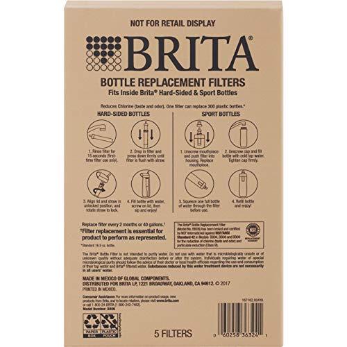 Brita Water Bottle Filter Replacements - BPA Free - 5 Count, Black