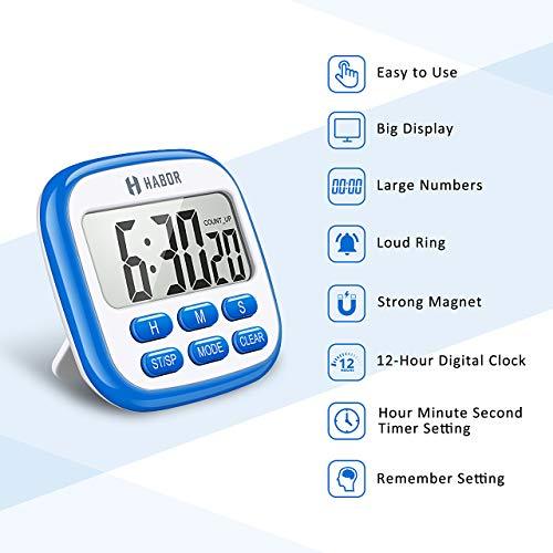 Habor Digital Kitchen Timer Large, Strong Magnet Back, Loud Alarm, Memory Function 12-Hour Display Clock, Count-Up & Count Down for Cooking Baking Sports Games Office