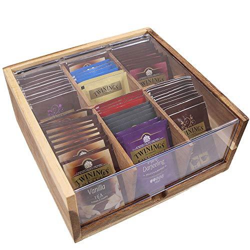 Bamboo Tea Bag Container, “GOOD TIME” Engraved Tea Box Organizer, Tea Bag Chest With Transparent Lid, 8 Compartments organizers and storage With Magnetic Closure By HTB