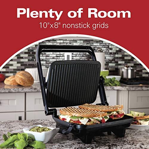 Hamilton Beach Electric Panini Press Grill with Locking Lid, Opens 180 Degrees for Any Sandwich Thickness (25460A) Nonstick 8" x 10" Grids Chrome Finish