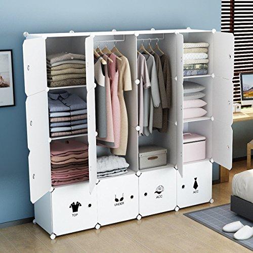 KOUSI Portable Wardrobe Closet for Bedroom Clothes Armoire Dresser Multi-Use Cube Storage Organizer, White, 8 Cubes & 4 Hanging Sections