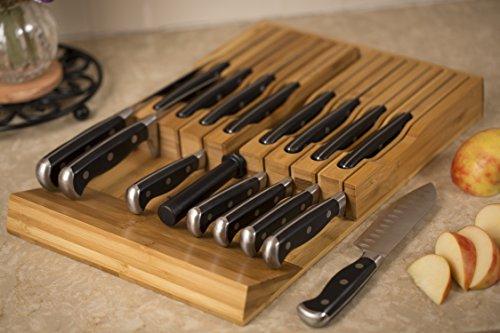 In-Drawer Bamboo Knife Block Holds 16 Knives (Not Included) Without Pointing Up PLUS a Slot for your Knife Sharpener! Noble Home & Chef Knife Organizer Made from Quality Moso Bamboo