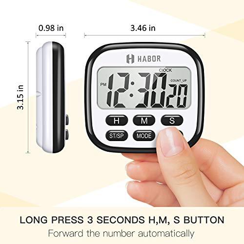 Habor Digital Kitchen Timer Large, Strong Magnet Back, Loud Alarm, Memory Function 12-Hour Display Clock, Count-Up & Count Down for Cooking Baking Sports Games Office