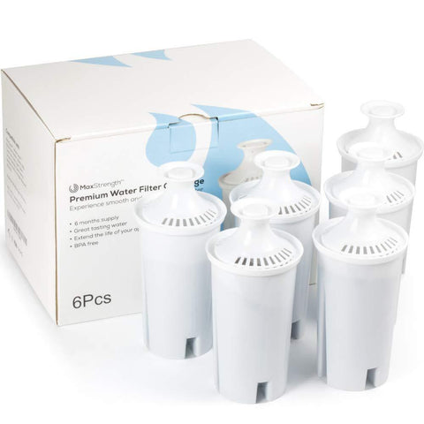 Max Strength Pro Replacement Water Filters 6pc Set Fits Brita Pitchers & Dispensers, 6 Month Filter Supply, BPA Free, Fits Brita Classic, Mavea Classic, Atlantis, Bella, Slim, Soho & Many More!