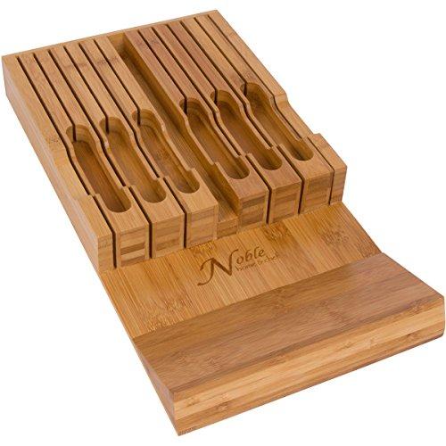 In-Drawer Bamboo Knife Block Holds 16 Knives (Not Included) Without Pointing Up PLUS a Slot for your Knife Sharpener! Noble Home & Chef Knife Organizer Made from Quality Moso Bamboo