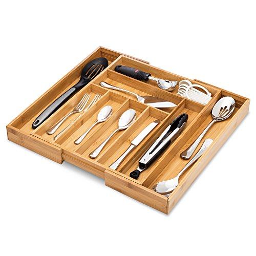 Bamboo Expandable Drawer Organizer, Premium Cutlery and Utensil Tray, 100% Pure Bamboo, Adjustable Kitchen Drawer Divider ... (7 Compartments Expandable)