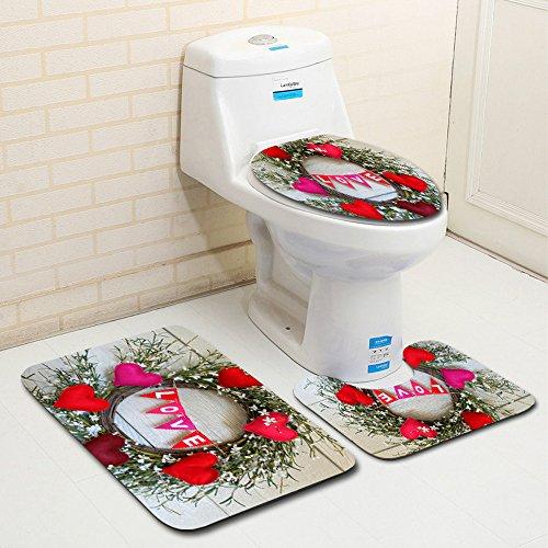 Digood Valentines Day Bath Carpets Combo, 3 Piece Sweet Heart Bathroom Mats Set Non-Slip Machine Washable Bathroom Rugs/Contour Mat/Toilet Cover (A)