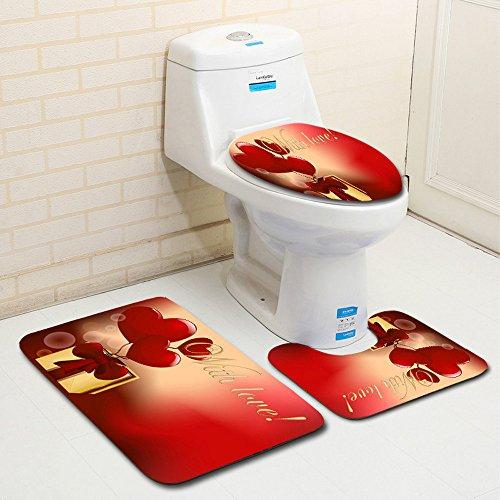 Digood Valentines Day Bath Carpets Combo, 3 Piece Sweet Heart Bathroom Mats Set Non-Slip Machine Washable Bathroom Rugs/Contour Mat/Toilet Cover (A)