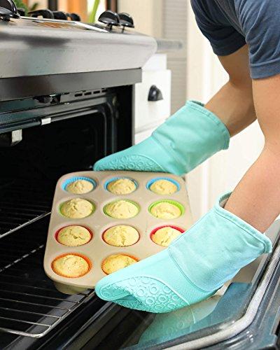 Extra Long Professional Silicone Oven Mitt - 1 Pair - Oven Mitts with Quilted Liner - Red - by The Triumphant Chef