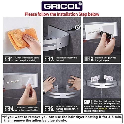 Gricol Bathroom Shower Shelf Triangle Wall Shower Caddy Space Aluminum Self Adhesive No Damage Wall Mount, 2 Pack