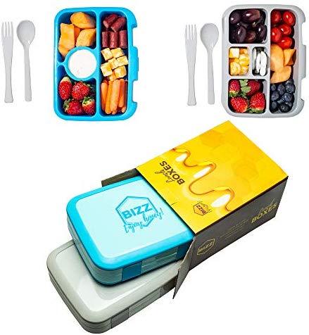 Bizz Travel Bento Box Set Lunch Boxes with Utensils, Removable Microwaveable, Dishwasher Safe Tray (2-Pack) Lunchbox Portable Portion Control Meal Prep Containers, Reusable, BPA Free for Kids Adults