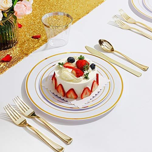 IOOOOO Gold Plates & Plastic Silverware & Gold Cups, Disposable Dinnerware 150 Pieces Includes: 25 Dinner Plates, 25 Dessert Plates, 25 Tumblers, 25 Forks, 25 Knives, 25 Spoons