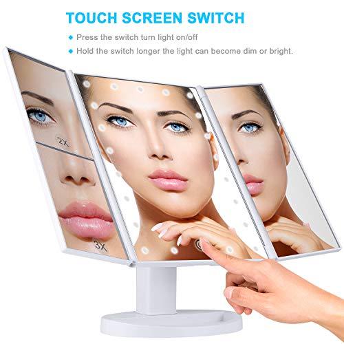 KOOLORBS Makeup 21 Led Vanity Mirror with Lights, 1x 2x 3x Magnification, Touch Screen Switch, 180 Degree Rotation, Dual Power Supply, Portable Trifold Makeup Mirror, White