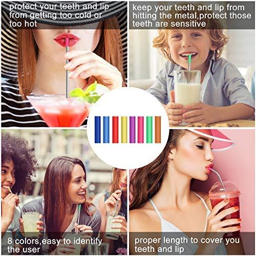 Stainless Steel Straws,Set of 16 FDA-Approved Reusable Drinking Straws for 30oz&20oz Tumbler, 10.5" 8.5" Metal Straws with 24 Soft Silicone Tips,4 Cleaning Brushes(8 Bent 8 Straight)