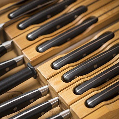 In-Drawer Bamboo Knife Block Holds 16 Knives (Not Included) Without Pointing Up PLUS a Slot for your Knife Sharpener! Noble Home & Chef Knife Organizer Made from Quality Moso Bamboo