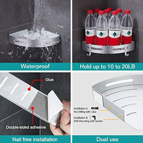 Gricol Bathroom Shower Shelf Triangle Wall Shower Caddy Space Aluminum Self Adhesive No Damage Wall Mount, 2 Pack