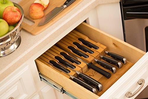 In-Drawer Bamboo Knife Block Holds 16 Knives (Not Included) Without Pointing Up PLUS a Slot for your Knife Sharpener! Noble Home & Chef Knife Organizer Made from Quality Moso Bamboo