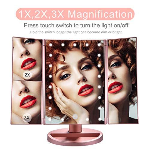 KOOLORBS Makeup 21 Led Vanity Mirror with Lights, 1x 2x 3x Magnification, Touch Screen Switch, 180 Degree Rotation, Dual Power Supply, Portable Trifold Makeup Mirror, White