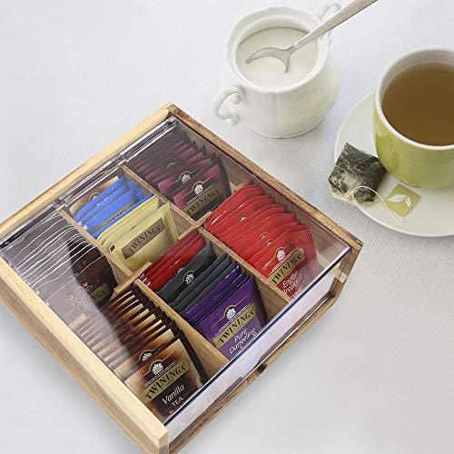 Bamboo Tea Bag Container, “GOOD TIME” Engraved Tea Box Organizer, Tea Bag Chest With Transparent Lid, 8 Compartments organizers and storage With Magnetic Closure By HTB