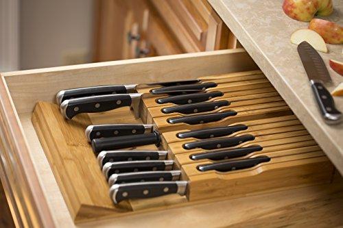 In-Drawer Bamboo Knife Block Holds 16 Knives (Not Included) Without Pointing Up PLUS a Slot for your Knife Sharpener! Noble Home & Chef Knife Organizer Made from Quality Moso Bamboo