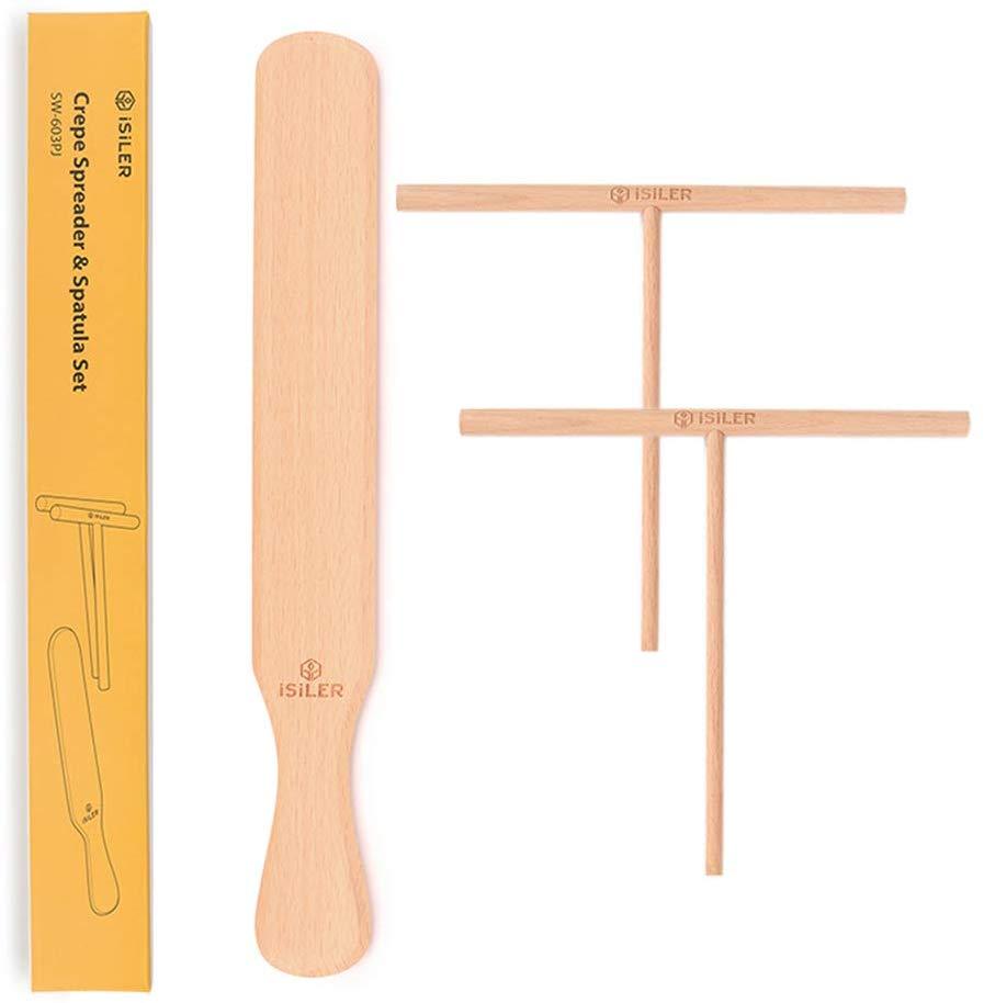 iSiLER Beechwood Crepe Spreader and Spatula Set, 2 Pieces 7 inches Crepe Spreaders, 1 Piece 11.4 inches Crepe Spatula