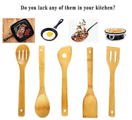 Cooking Utensils Lightweight Bamboo Spoon Spatula Sets, Set of 5 Bamboo Kitchen Tools By HTB