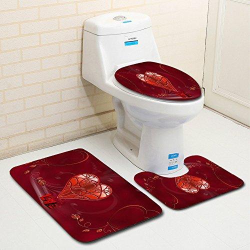 Digood Valentines Day Bath Carpets Combo, 3 Piece Sweet Heart Bathroom Mats Set Non-Slip Machine Washable Bathroom Rugs/Contour Mat/Toilet Cover (A)