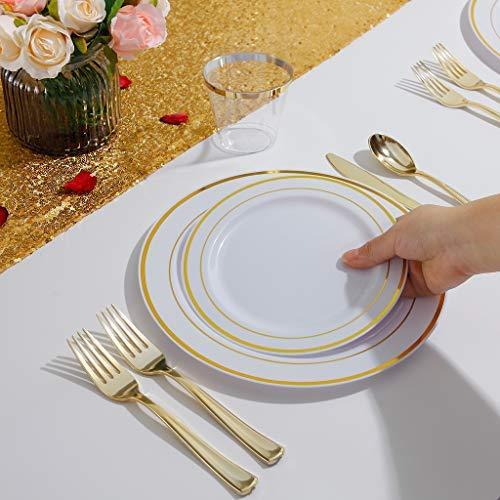 IOOOOO Gold Plates & Plastic Silverware & Gold Cups, Disposable Dinnerware 150 Pieces Includes: 25 Dinner Plates, 25 Dessert Plates, 25 Tumblers, 25 Forks, 25 Knives, 25 Spoons