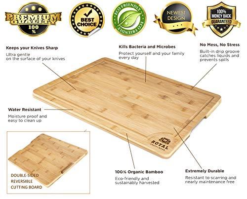 EXTRA LARGE Organic Bamboo Cutting Board with Juice Groove - Best Kitchen Chopping Board for Meat (Butcher Block) Cheese and Vegetables | Anti Microbial Heavy Duty Serving Tray w/Handles - 18 x 12