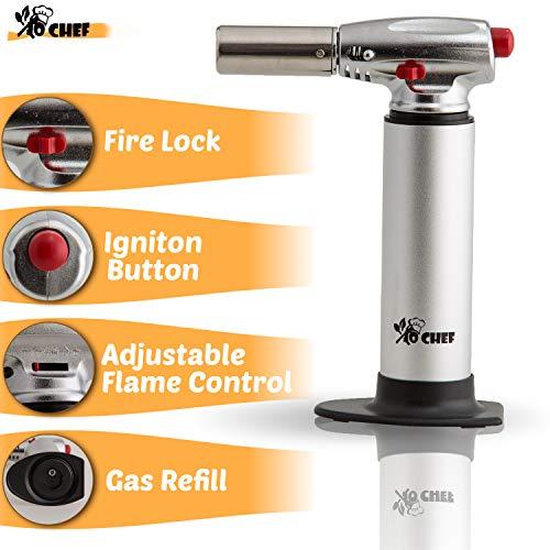 Jo Chef Kitchen Torch, Blow Torch - Refillable Butane Torch With Adjustable Flame - Culinary Torch, Creme Brûlée Torch For Cooking Food, Baking, BBQ & More + FREE Recipe eBook (With Fuel Gauge)