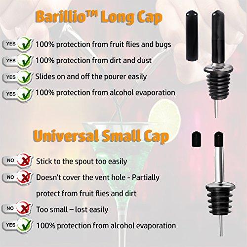 8 Elite Liquor Pourers + 12 Long Dust Caps Covers + Cleaning Brush by BARILLIO - Premium Set of Free Flow Stainless Steel Speed Bottle Pour Spouts & Plastic Covers