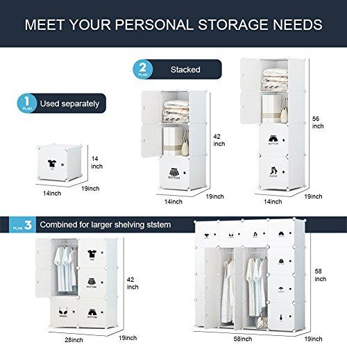 KOUSI Portable Wardrobe Closet for Bedroom Clothes Armoire Dresser Multi-Use Cube Storage Organizer, White, 8 Cubes & 4 Hanging Sections