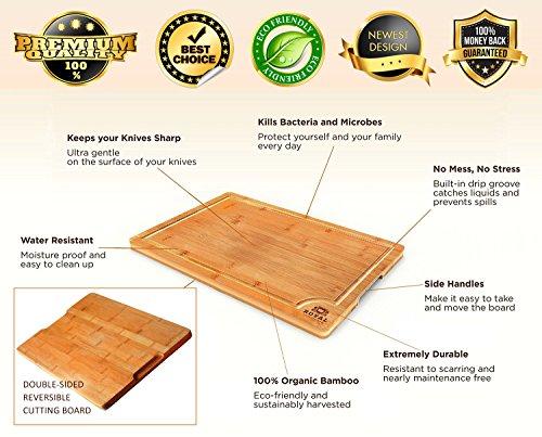 EXTRA LARGE Organic Bamboo Cutting Board with Juice Groove - Best Kitchen Chopping Board for Meat (Butcher Block) Cheese and Vegetables | Anti Microbial Heavy Duty Serving Tray w/Handles - 18 x 12