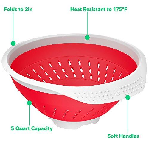 Vremi 5 Quart Collapsible Colander - BPA Free Silicone Food Strainer with Plastic Handles - Heavy Duty Foldable Heat Resistant Pasta and Veggies Kitchen Drainer Steam Basket - Dishwasher Safe - Red