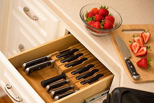 In-Drawer Bamboo Knife Block Holds 16 Knives (Not Included) Without Pointing Up PLUS a Slot for your Knife Sharpener! Noble Home & Chef Knife Organizer Made from Quality Moso Bamboo