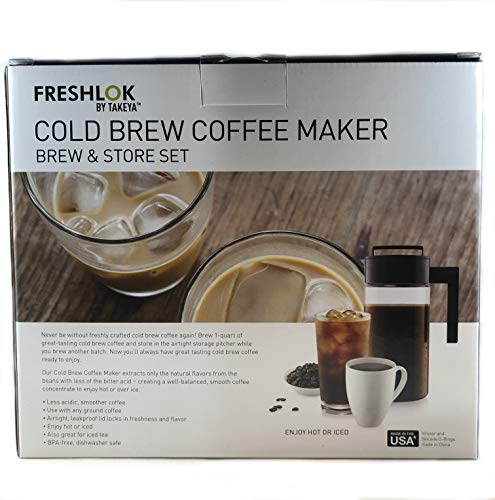 Takeya 10310 Patented Deluxe Cold Brew Iced Coffee Maker with Airtight Lid & Silicone Handle, 1 Quart, Black - Made in USA BPA-Free Dishwasher-Safe